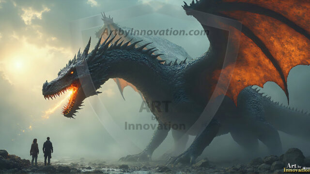 AI dragon fantasy art featuring colossal mythical beasts soaring over modern cities with breathtaking scale, detail and raw power.