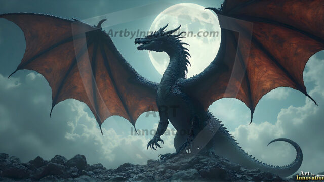 AI dragon fantasy art featuring colossal mythical beasts soaring over modern cities with breathtaking scale, detail and raw power.