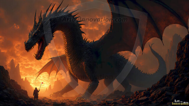 AI dragon fantasy art featuring colossal mythical beasts soaring over modern cities with breathtaking scale, detail and raw power.