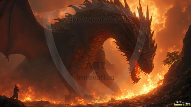 AI dragon fantasy art featuring colossal mythical beasts soaring over modern cities with breathtaking scale, detail and raw power.