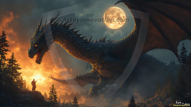 AI dragon fantasy art featuring colossal mythical beasts soaring over modern cities with breathtaking scale, detail and raw power.