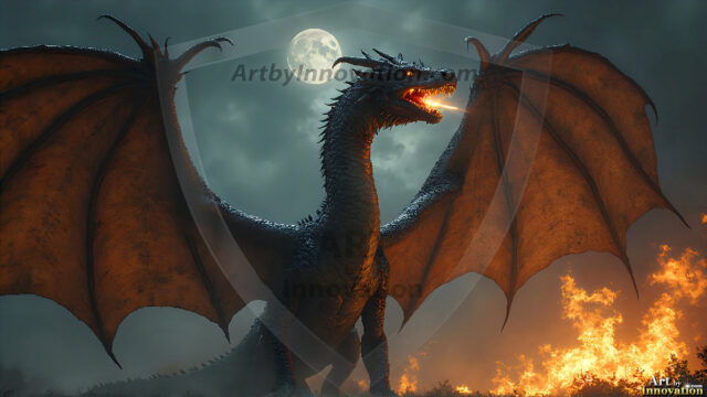 AI dragon fantasy art featuring colossal mythical beasts soaring over modern cities with breathtaking scale, detail and raw power.