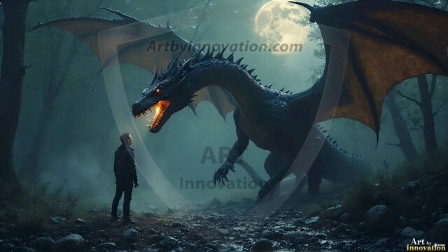 AI dragon fantasy art featuring colossal mythical beasts soaring over modern cities with breathtaking scale, detail and raw power.