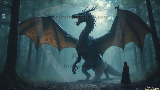 AI dragon fantasy art featuring colossal mythical beasts soaring over modern cities with breathtaking scale, detail and raw power.