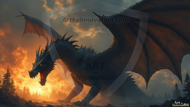 AI dragon fantasy art featuring colossal mythical beasts soaring over modern cities with breathtaking scale, detail and raw power.