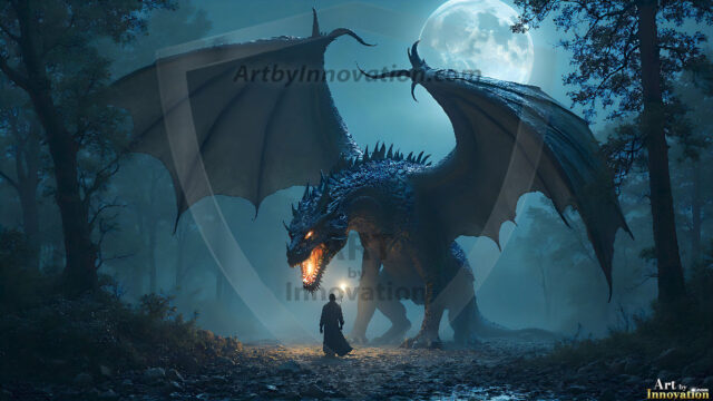 AI dragon fantasy art featuring colossal mythical beasts soaring over modern cities with breathtaking scale, detail and raw power.