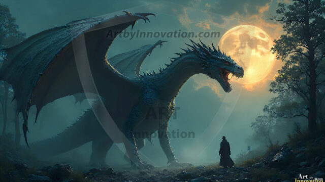 AI dragon fantasy art featuring colossal mythical beasts soaring over modern cities with breathtaking scale, detail and raw power.