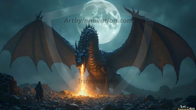 AI dragon fantasy art featuring colossal mythical beasts soaring over modern cities with breathtaking scale, detail and raw power.