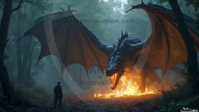 AI dragon fantasy art featuring colossal mythical beasts soaring over modern cities with breathtaking scale, detail and raw power.