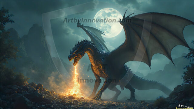 AI dragon fantasy art featuring colossal mythical beasts soaring over modern cities with breathtaking scale, detail and raw power.