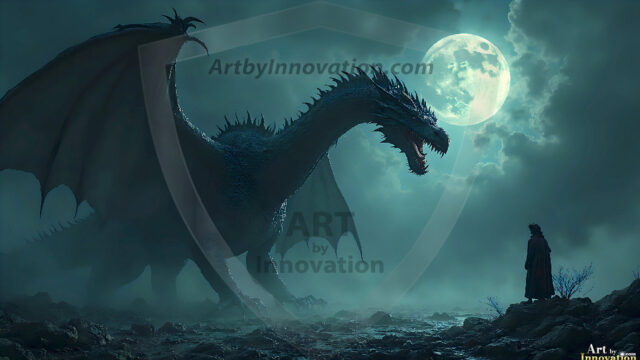 AI dragon fantasy art featuring colossal mythical beasts soaring over modern cities with breathtaking scale, detail and raw power.