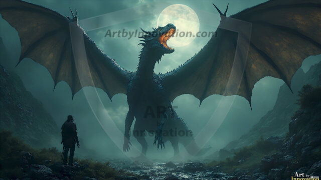 AI dragon fantasy art featuring colossal mythical beasts soaring over modern cities with breathtaking scale, detail and raw power.