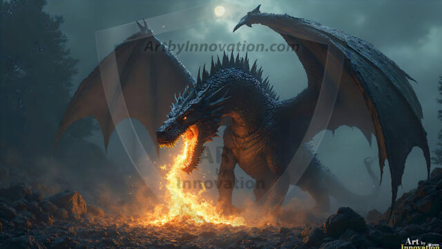 AI dragon fantasy art featuring colossal mythical beasts soaring over modern cities with breathtaking scale, detail and raw power.