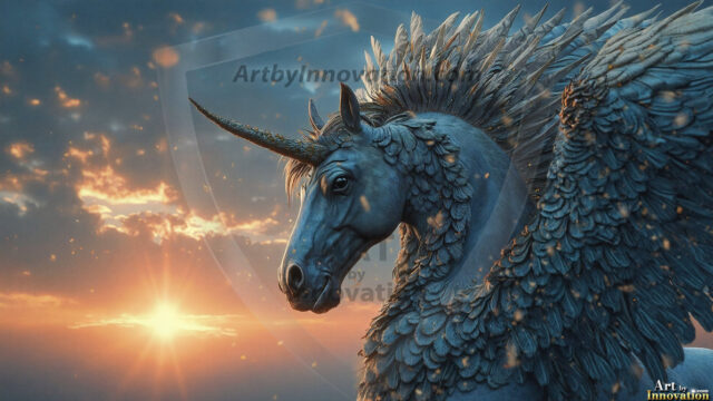 A majestic white alicorn rearing up on its hind legs atop a rocky hillside, large crimson and coral-red feathered wings spread wide, flowing cream and golden mane and tail swept by the wind, spiraling rose-pink horn, muscular luminous white coat with warm golden light, surrounded by blooming pink wildflowers in the foreground, dramatic fantasy landscape behind with a winding river fjord cutting through a misty valley, jagged mountain peaks on both sides, small rocky islands in distant water, golden sunset sky with billowing peach and amber clouds lit from beneath, small glowing red orb floating in the mid-distance left, cinematic epic fantasy atmosphere, volumetric golden light, photorealistic digital art, ultra-detailed, 8K resolution, dramatic low angle composition