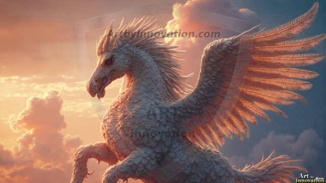 A majestic white alicorn rearing up on its hind legs atop a rocky hillside, large crimson and coral-red feathered wings spread wide, flowing cream and golden mane and tail swept by the wind, spiraling rose-pink horn, muscular luminous white coat with warm golden light, surrounded by blooming pink wildflowers in the foreground, dramatic fantasy landscape behind with a winding river fjord cutting through a misty valley, jagged mountain peaks on both sides, small rocky islands in distant water, golden sunset sky with billowing peach and amber clouds lit from beneath, small glowing red orb floating in the mid-distance left, cinematic epic fantasy atmosphere, volumetric golden light, photorealistic digital art, ultra-detailed, 8K resolution, dramatic low angle composition