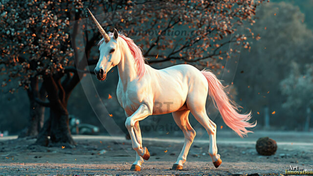 A majestic white alicorn rearing up on its hind legs atop a rocky hillside, large crimson and coral-red feathered wings spread wide, flowing cream and golden mane and tail swept by the wind, spiraling rose-pink horn, muscular luminous white coat with warm golden light, surrounded by blooming pink wildflowers in the foreground, dramatic fantasy landscape behind with a winding river fjord cutting through a misty valley, jagged mountain peaks on both sides, small rocky islands in distant water, golden sunset sky with billowing peach and amber clouds lit from beneath, small glowing red orb floating in the mid-distance left, cinematic epic fantasy atmosphere, volumetric golden light, photorealistic digital art, ultra-detailed, 8K resolution, dramatic low angle composition