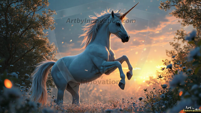 A majestic white alicorn rearing up on its hind legs atop a rocky hillside, large crimson and coral-red feathered wings spread wide, flowing cream and golden mane and tail swept by the wind, spiraling rose-pink horn, muscular luminous white coat with warm golden light, surrounded by blooming pink wildflowers in the foreground, dramatic fantasy landscape behind with a winding river fjord cutting through a misty valley, jagged mountain peaks on both sides, small rocky islands in distant water, golden sunset sky with billowing peach and amber clouds lit from beneath, small glowing red orb floating in the mid-distance left, cinematic epic fantasy atmosphere, volumetric golden light, photorealistic digital art, ultra-detailed, 8K resolution, dramatic low angle composition