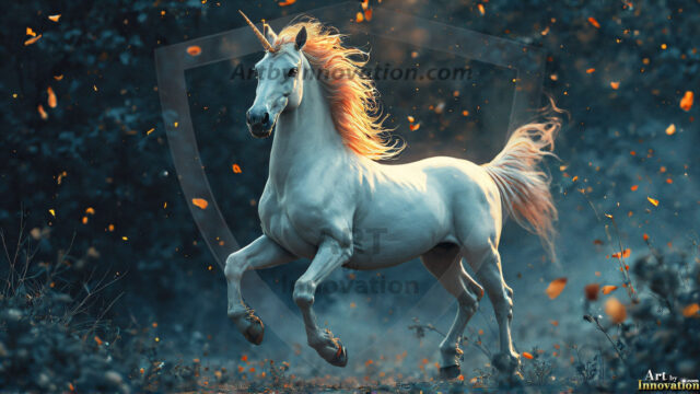 A majestic white alicorn rearing up on its hind legs atop a rocky hillside, large crimson and coral-red feathered wings spread wide, flowing cream and golden mane and tail swept by the wind, spiraling rose-pink horn, muscular luminous white coat with warm golden light, surrounded by blooming pink wildflowers in the foreground, dramatic fantasy landscape behind with a winding river fjord cutting through a misty valley, jagged mountain peaks on both sides, small rocky islands in distant water, golden sunset sky with billowing peach and amber clouds lit from beneath, small glowing red orb floating in the mid-distance left, cinematic epic fantasy atmosphere, volumetric golden light, photorealistic digital art, ultra-detailed, 8K resolution, dramatic low angle composition