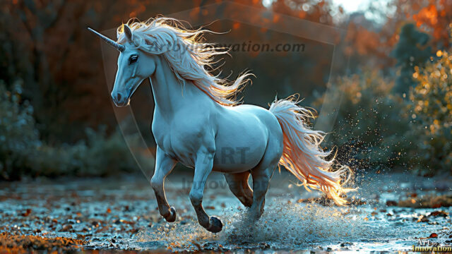 A majestic white alicorn rearing up on its hind legs atop a rocky hillside, large crimson and coral-red feathered wings spread wide, flowing cream and golden mane and tail swept by the wind, spiraling rose-pink horn, muscular luminous white coat with warm golden light, surrounded by blooming pink wildflowers in the foreground, dramatic fantasy landscape behind with a winding river fjord cutting through a misty valley, jagged mountain peaks on both sides, small rocky islands in distant water, golden sunset sky with billowing peach and amber clouds lit from beneath, small glowing red orb floating in the mid-distance left, cinematic epic fantasy atmosphere, volumetric golden light, photorealistic digital art, ultra-detailed, 8K resolution, dramatic low angle composition