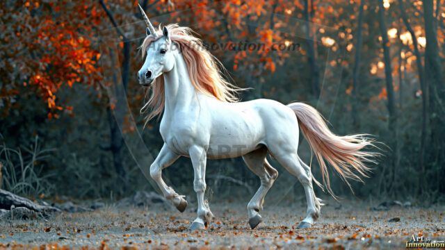 A majestic white alicorn rearing up on its hind legs atop a rocky hillside, large crimson and coral-red feathered wings spread wide, flowing cream and golden mane and tail swept by the wind, spiraling rose-pink horn, muscular luminous white coat with warm golden light, surrounded by blooming pink wildflowers in the foreground, dramatic fantasy landscape behind with a winding river fjord cutting through a misty valley, jagged mountain peaks on both sides, small rocky islands in distant water, golden sunset sky with billowing peach and amber clouds lit from beneath, small glowing red orb floating in the mid-distance left, cinematic epic fantasy atmosphere, volumetric golden light, photorealistic digital art, ultra-detailed, 8K resolution, dramatic low angle composition