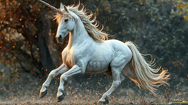 A majestic white alicorn rearing up on its hind legs atop a rocky hillside, large crimson and coral-red feathered wings spread wide, flowing cream and golden mane and tail swept by the wind, spiraling rose-pink horn, muscular luminous white coat with warm golden light, surrounded by blooming pink wildflowers in the foreground, dramatic fantasy landscape behind with a winding river fjord cutting through a misty valley, jagged mountain peaks on both sides, small rocky islands in distant water, golden sunset sky with billowing peach and amber clouds lit from beneath, small glowing red orb floating in the mid-distance left, cinematic epic fantasy atmosphere, volumetric golden light, photorealistic digital art, ultra-detailed, 8K resolution, dramatic low angle composition