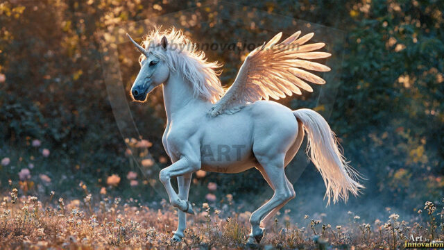 A majestic white alicorn rearing up on its hind legs atop a rocky hillside, large crimson and coral-red feathered wings spread wide, flowing cream and golden mane and tail swept by the wind, spiraling rose-pink horn, muscular luminous white coat with warm golden light, surrounded by blooming pink wildflowers in the foreground, dramatic fantasy landscape behind with a winding river fjord cutting through a misty valley, jagged mountain peaks on both sides, small rocky islands in distant water, golden sunset sky with billowing peach and amber clouds lit from beneath, small glowing red orb floating in the mid-distance left, cinematic epic fantasy atmosphere, volumetric golden light, photorealistic digital art, ultra-detailed, 8K resolution, dramatic low angle composition