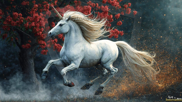 A majestic white alicorn rearing up on its hind legs atop a rocky hillside, large crimson and coral-red feathered wings spread wide, flowing cream and golden mane and tail swept by the wind, spiraling rose-pink horn, muscular luminous white coat with warm golden light, surrounded by blooming pink wildflowers in the foreground, dramatic fantasy landscape behind with a winding river fjord cutting through a misty valley, jagged mountain peaks on both sides, small rocky islands in distant water, golden sunset sky with billowing peach and amber clouds lit from beneath, small glowing red orb floating in the mid-distance left, cinematic epic fantasy atmosphere, volumetric golden light, photorealistic digital art, ultra-detailed, 8K resolution, dramatic low angle composition