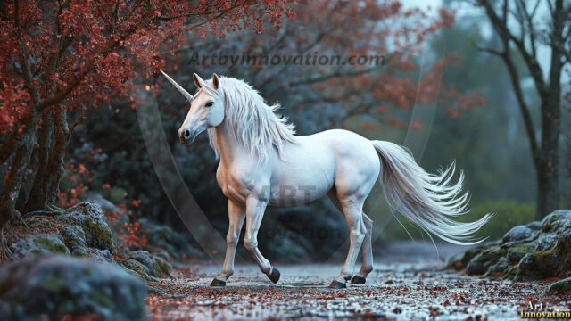 A majestic white alicorn rearing up on its hind legs atop a rocky hillside, large crimson and coral-red feathered wings spread wide, flowing cream and golden mane and tail swept by the wind, spiraling rose-pink horn, muscular luminous white coat with warm golden light, surrounded by blooming pink wildflowers in the foreground, dramatic fantasy landscape behind with a winding river fjord cutting through a misty valley, jagged mountain peaks on both sides, small rocky islands in distant water, golden sunset sky with billowing peach and amber clouds lit from beneath, small glowing red orb floating in the mid-distance left, cinematic epic fantasy atmosphere, volumetric golden light, photorealistic digital art, ultra-detailed, 8K resolution, dramatic low angle composition