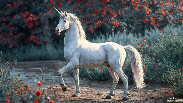 A majestic white alicorn rearing up on its hind legs atop a rocky hillside, large crimson and coral-red feathered wings spread wide, flowing cream and golden mane and tail swept by the wind, spiraling rose-pink horn, muscular luminous white coat with warm golden light, surrounded by blooming pink wildflowers in the foreground, dramatic fantasy landscape behind with a winding river fjord cutting through a misty valley, jagged mountain peaks on both sides, small rocky islands in distant water, golden sunset sky with billowing peach and amber clouds lit from beneath, small glowing red orb floating in the mid-distance left, cinematic epic fantasy atmosphere, volumetric golden light, photorealistic digital art, ultra-detailed, 8K resolution, dramatic low angle composition