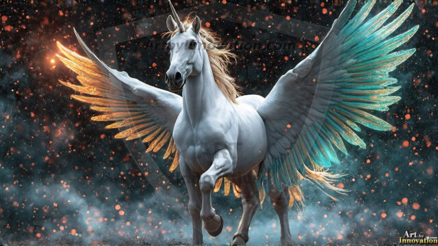 A majestic white alicorn rearing up on its hind legs atop a rocky hillside, large crimson and coral-red feathered wings spread wide, flowing cream and golden mane and tail swept by the wind, spiraling rose-pink horn, muscular luminous white coat with warm golden light, surrounded by blooming pink wildflowers in the foreground, dramatic fantasy landscape behind with a winding river fjord cutting through a misty valley, jagged mountain peaks on both sides, small rocky islands in distant water, golden sunset sky with billowing peach and amber clouds lit from beneath, small glowing red orb floating in the mid-distance left, cinematic epic fantasy atmosphere, volumetric golden light, photorealistic digital art, ultra-detailed, 8K resolution, dramatic low angle composition