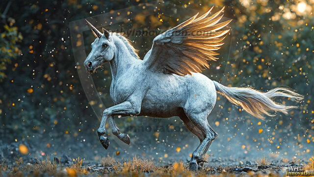 A majestic white alicorn rearing up on its hind legs atop a rocky hillside, large crimson and coral-red feathered wings spread wide, flowing cream and golden mane and tail swept by the wind, spiraling rose-pink horn, muscular luminous white coat with warm golden light, surrounded by blooming pink wildflowers in the foreground, dramatic fantasy landscape behind with a winding river fjord cutting through a misty valley, jagged mountain peaks on both sides, small rocky islands in distant water, golden sunset sky with billowing peach and amber clouds lit from beneath, small glowing red orb floating in the mid-distance left, cinematic epic fantasy atmosphere, volumetric golden light, photorealistic digital art, ultra-detailed, 8K resolution, dramatic low angle composition