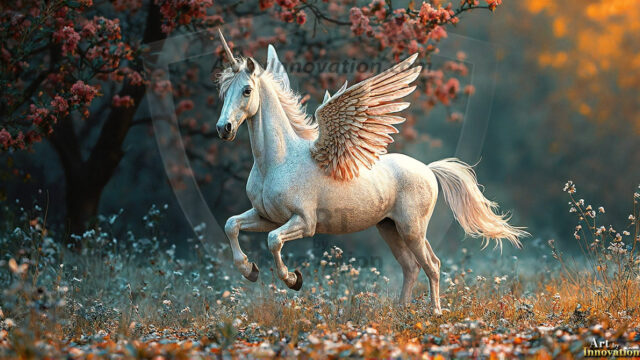 A majestic white alicorn rearing up on its hind legs atop a rocky hillside, large crimson and coral-red feathered wings spread wide, flowing cream and golden mane and tail swept by the wind, spiraling rose-pink horn, muscular luminous white coat with warm golden light, surrounded by blooming pink wildflowers in the foreground, dramatic fantasy landscape behind with a winding river fjord cutting through a misty valley, jagged mountain peaks on both sides, small rocky islands in distant water, golden sunset sky with billowing peach and amber clouds lit from beneath, small glowing red orb floating in the mid-distance left, cinematic epic fantasy atmosphere, volumetric golden light, photorealistic digital art, ultra-detailed, 8K resolution, dramatic low angle composition