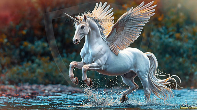 A majestic white alicorn rearing up on its hind legs atop a rocky hillside, large crimson and coral-red feathered wings spread wide, flowing cream and golden mane and tail swept by the wind, spiraling rose-pink horn, muscular luminous white coat with warm golden light, surrounded by blooming pink wildflowers in the foreground, dramatic fantasy landscape behind with a winding river fjord cutting through a misty valley, jagged mountain peaks on both sides, small rocky islands in distant water, golden sunset sky with billowing peach and amber clouds lit from beneath, small glowing red orb floating in the mid-distance left, cinematic epic fantasy atmosphere, volumetric golden light, photorealistic digital art, ultra-detailed, 8K resolution, dramatic low angle composition