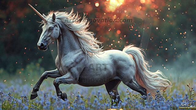 A majestic white alicorn rearing up on its hind legs atop a rocky hillside, large crimson and coral-red feathered wings spread wide, flowing cream and golden mane and tail swept by the wind, spiraling rose-pink horn, muscular luminous white coat with warm golden light, surrounded by blooming pink wildflowers in the foreground, dramatic fantasy landscape behind with a winding river fjord cutting through a misty valley, jagged mountain peaks on both sides, small rocky islands in distant water, golden sunset sky with billowing peach and amber clouds lit from beneath, small glowing red orb floating in the mid-distance left, cinematic epic fantasy atmosphere, volumetric golden light, photorealistic digital art, ultra-detailed, 8K resolution, dramatic low angle composition