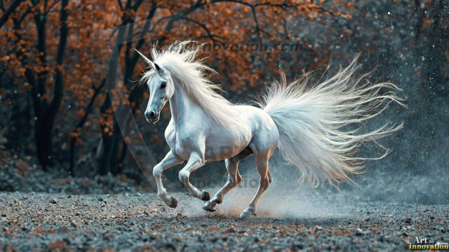 A majestic white alicorn rearing up on its hind legs atop a rocky hillside, large crimson and coral-red feathered wings spread wide, flowing cream and golden mane and tail swept by the wind, spiraling rose-pink horn, muscular luminous white coat with warm golden light, surrounded by blooming pink wildflowers in the foreground, dramatic fantasy landscape behind with a winding river fjord cutting through a misty valley, jagged mountain peaks on both sides, small rocky islands in distant water, golden sunset sky with billowing peach and amber clouds lit from beneath, small glowing red orb floating in the mid-distance left, cinematic epic fantasy atmosphere, volumetric golden light, photorealistic digital art, ultra-detailed, 8K resolution, dramatic low angle composition