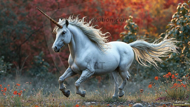 A majestic white alicorn rearing up on its hind legs atop a rocky hillside, large crimson and coral-red feathered wings spread wide, flowing cream and golden mane and tail swept by the wind, spiraling rose-pink horn, muscular luminous white coat with warm golden light, surrounded by blooming pink wildflowers in the foreground, dramatic fantasy landscape behind with a winding river fjord cutting through a misty valley, jagged mountain peaks on both sides, small rocky islands in distant water, golden sunset sky with billowing peach and amber clouds lit from beneath, small glowing red orb floating in the mid-distance left, cinematic epic fantasy atmosphere, volumetric golden light, photorealistic digital art, ultra-detailed, 8K resolution, dramatic low angle composition
