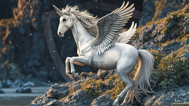 A majestic white alicorn rearing up on its hind legs atop a rocky hillside, large crimson and coral-red feathered wings spread wide, flowing cream and golden mane and tail swept by the wind, spiraling rose-pink horn, muscular luminous white coat with warm golden light, surrounded by blooming pink wildflowers in the foreground, dramatic fantasy landscape behind with a winding river fjord cutting through a misty valley, jagged mountain peaks on both sides, small rocky islands in distant water, golden sunset sky with billowing peach and amber clouds lit from beneath, small glowing red orb floating in the mid-distance left, cinematic epic fantasy atmosphere, volumetric golden light, photorealistic digital art, ultra-detailed, 8K resolution, dramatic low angle composition