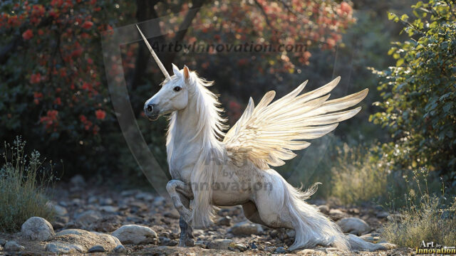 A majestic white alicorn rearing up on its hind legs atop a rocky hillside, large crimson and coral-red feathered wings spread wide, flowing cream and golden mane and tail swept by the wind, spiraling rose-pink horn, muscular luminous white coat with warm golden light, surrounded by blooming pink wildflowers in the foreground, dramatic fantasy landscape behind with a winding river fjord cutting through a misty valley, jagged mountain peaks on both sides, small rocky islands in distant water, golden sunset sky with billowing peach and amber clouds lit from beneath, small glowing red orb floating in the mid-distance left, cinematic epic fantasy atmosphere, volumetric golden light, photorealistic digital art, ultra-detailed, 8K resolution, dramatic low angle composition