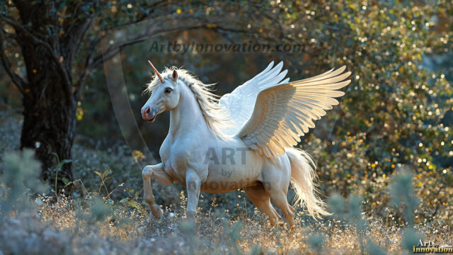 A majestic white alicorn rearing up on its hind legs atop a rocky hillside, large crimson and coral-red feathered wings spread wide, flowing cream and golden mane and tail swept by the wind, spiraling rose-pink horn, muscular luminous white coat with warm golden light, surrounded by blooming pink wildflowers in the foreground, dramatic fantasy landscape behind with a winding river fjord cutting through a misty valley, jagged mountain peaks on both sides, small rocky islands in distant water, golden sunset sky with billowing peach and amber clouds lit from beneath, small glowing red orb floating in the mid-distance left, cinematic epic fantasy atmosphere, volumetric golden light, photorealistic digital art, ultra-detailed, 8K resolution, dramatic low angle composition
