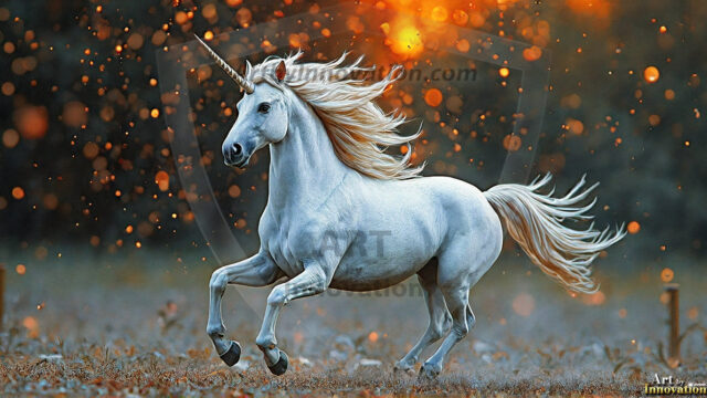A majestic white alicorn rearing up on its hind legs atop a rocky hillside, large crimson and coral-red feathered wings spread wide, flowing cream and golden mane and tail swept by the wind, spiraling rose-pink horn, muscular luminous white coat with warm golden light, surrounded by blooming pink wildflowers in the foreground, dramatic fantasy landscape behind with a winding river fjord cutting through a misty valley, jagged mountain peaks on both sides, small rocky islands in distant water, golden sunset sky with billowing peach and amber clouds lit from beneath, small glowing red orb floating in the mid-distance left, cinematic epic fantasy atmosphere, volumetric golden light, photorealistic digital art, ultra-detailed, 8K resolution, dramatic low angle composition