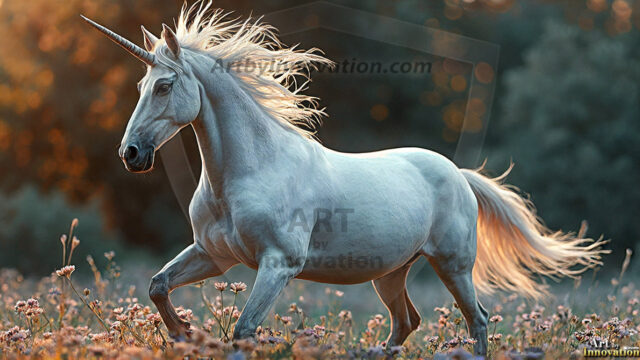 A majestic white alicorn rearing up on its hind legs atop a rocky hillside, large crimson and coral-red feathered wings spread wide, flowing cream and golden mane and tail swept by the wind, spiraling rose-pink horn, muscular luminous white coat with warm golden light, surrounded by blooming pink wildflowers in the foreground, dramatic fantasy landscape behind with a winding river fjord cutting through a misty valley, jagged mountain peaks on both sides, small rocky islands in distant water, golden sunset sky with billowing peach and amber clouds lit from beneath, small glowing red orb floating in the mid-distance left, cinematic epic fantasy atmosphere, volumetric golden light, photorealistic digital art, ultra-detailed, 8K resolution, dramatic low angle composition