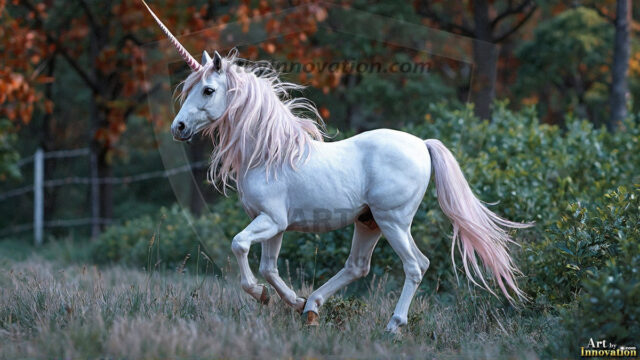 A majestic white alicorn rearing up on its hind legs atop a rocky hillside, large crimson and coral-red feathered wings spread wide, flowing cream and golden mane and tail swept by the wind, spiraling rose-pink horn, muscular luminous white coat with warm golden light, surrounded by blooming pink wildflowers in the foreground, dramatic fantasy landscape behind with a winding river fjord cutting through a misty valley, jagged mountain peaks on both sides, small rocky islands in distant water, golden sunset sky with billowing peach and amber clouds lit from beneath, small glowing red orb floating in the mid-distance left, cinematic epic fantasy atmosphere, volumetric golden light, photorealistic digital art, ultra-detailed, 8K resolution, dramatic low angle composition