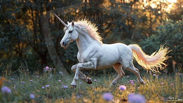 A majestic white alicorn rearing up on its hind legs atop a rocky hillside, large crimson and coral-red feathered wings spread wide, flowing cream and golden mane and tail swept by the wind, spiraling rose-pink horn, muscular luminous white coat with warm golden light, surrounded by blooming pink wildflowers in the foreground, dramatic fantasy landscape behind with a winding river fjord cutting through a misty valley, jagged mountain peaks on both sides, small rocky islands in distant water, golden sunset sky with billowing peach and amber clouds lit from beneath, small glowing red orb floating in the mid-distance left, cinematic epic fantasy atmosphere, volumetric golden light, photorealistic digital art, ultra-detailed, 8K resolution, dramatic low angle composition
