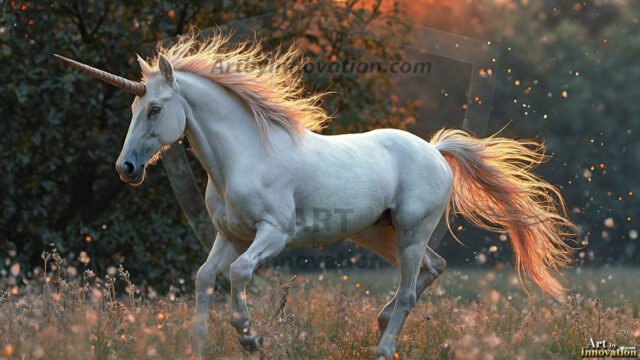 A majestic white alicorn rearing up on its hind legs atop a rocky hillside, large crimson and coral-red feathered wings spread wide, flowing cream and golden mane and tail swept by the wind, spiraling rose-pink horn, muscular luminous white coat with warm golden light, surrounded by blooming pink wildflowers in the foreground, dramatic fantasy landscape behind with a winding river fjord cutting through a misty valley, jagged mountain peaks on both sides, small rocky islands in distant water, golden sunset sky with billowing peach and amber clouds lit from beneath, small glowing red orb floating in the mid-distance left, cinematic epic fantasy atmosphere, volumetric golden light, photorealistic digital art, ultra-detailed, 8K resolution, dramatic low angle composition