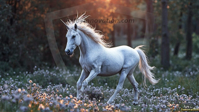 A majestic white alicorn rearing up on its hind legs atop a rocky hillside, large crimson and coral-red feathered wings spread wide, flowing cream and golden mane and tail swept by the wind, spiraling rose-pink horn, muscular luminous white coat with warm golden light, surrounded by blooming pink wildflowers in the foreground, dramatic fantasy landscape behind with a winding river fjord cutting through a misty valley, jagged mountain peaks on both sides, small rocky islands in distant water, golden sunset sky with billowing peach and amber clouds lit from beneath, small glowing red orb floating in the mid-distance left, cinematic epic fantasy atmosphere, volumetric golden light, photorealistic digital art, ultra-detailed, 8K resolution, dramatic low angle composition