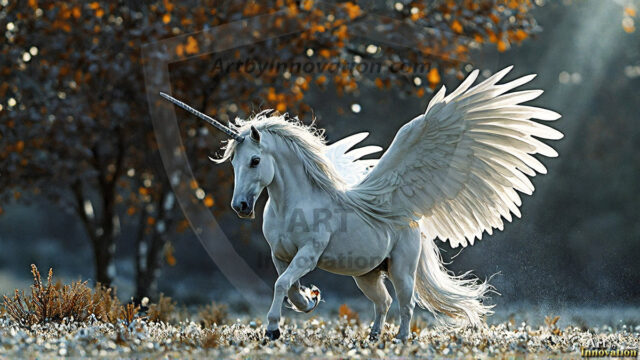 A majestic white alicorn rearing up on its hind legs atop a rocky hillside, large crimson and coral-red feathered wings spread wide, flowing cream and golden mane and tail swept by the wind, spiraling rose-pink horn, muscular luminous white coat with warm golden light, surrounded by blooming pink wildflowers in the foreground, dramatic fantasy landscape behind with a winding river fjord cutting through a misty valley, jagged mountain peaks on both sides, small rocky islands in distant water, golden sunset sky with billowing peach and amber clouds lit from beneath, small glowing red orb floating in the mid-distance left, cinematic epic fantasy atmosphere, volumetric golden light, photorealistic digital art, ultra-detailed, 8K resolution, dramatic low angle composition