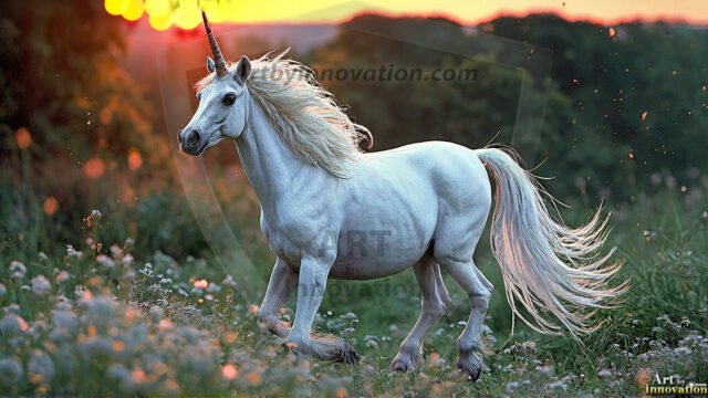 A majestic white alicorn rearing up on its hind legs atop a rocky hillside, large crimson and coral-red feathered wings spread wide, flowing cream and golden mane and tail swept by the wind, spiraling rose-pink horn, muscular luminous white coat with warm golden light, surrounded by blooming pink wildflowers in the foreground, dramatic fantasy landscape behind with a winding river fjord cutting through a misty valley, jagged mountain peaks on both sides, small rocky islands in distant water, golden sunset sky with billowing peach and amber clouds lit from beneath, small glowing red orb floating in the mid-distance left, cinematic epic fantasy atmosphere, volumetric golden light, photorealistic digital art, ultra-detailed, 8K resolution, dramatic low angle composition