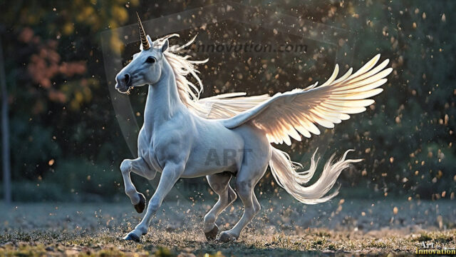 A majestic white alicorn rearing up on its hind legs atop a rocky hillside, large crimson and coral-red feathered wings spread wide, flowing cream and golden mane and tail swept by the wind, spiraling rose-pink horn, muscular luminous white coat with warm golden light, surrounded by blooming pink wildflowers in the foreground, dramatic fantasy landscape behind with a winding river fjord cutting through a misty valley, jagged mountain peaks on both sides, small rocky islands in distant water, golden sunset sky with billowing peach and amber clouds lit from beneath, small glowing red orb floating in the mid-distance left, cinematic epic fantasy atmosphere, volumetric golden light, photorealistic digital art, ultra-detailed, 8K resolution, dramatic low angle composition