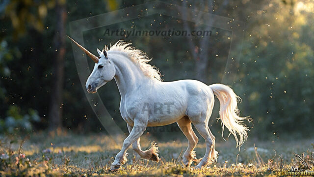 A majestic white alicorn rearing up on its hind legs atop a rocky hillside, large crimson and coral-red feathered wings spread wide, flowing cream and golden mane and tail swept by the wind, spiraling rose-pink horn, muscular luminous white coat with warm golden light, surrounded by blooming pink wildflowers in the foreground, dramatic fantasy landscape behind with a winding river fjord cutting through a misty valley, jagged mountain peaks on both sides, small rocky islands in distant water, golden sunset sky with billowing peach and amber clouds lit from beneath, small glowing red orb floating in the mid-distance left, cinematic epic fantasy atmosphere, volumetric golden light, photorealistic digital art, ultra-detailed, 8K resolution, dramatic low angle composition