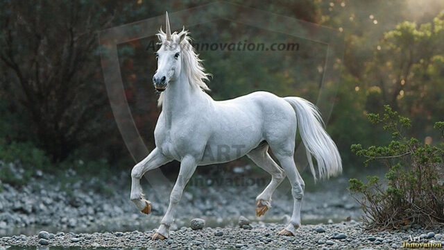 A majestic white alicorn rearing up on its hind legs atop a rocky hillside, large crimson and coral-red feathered wings spread wide, flowing cream and golden mane and tail swept by the wind, spiraling rose-pink horn, muscular luminous white coat with warm golden light, surrounded by blooming pink wildflowers in the foreground, dramatic fantasy landscape behind with a winding river fjord cutting through a misty valley, jagged mountain peaks on both sides, small rocky islands in distant water, golden sunset sky with billowing peach and amber clouds lit from beneath, small glowing red orb floating in the mid-distance left, cinematic epic fantasy atmosphere, volumetric golden light, photorealistic digital art, ultra-detailed, 8K resolution, dramatic low angle composition
